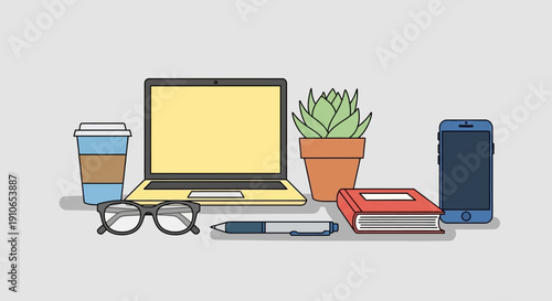 A cluttered desk with a laptop, books, and office supplies in a cozy indoor environment