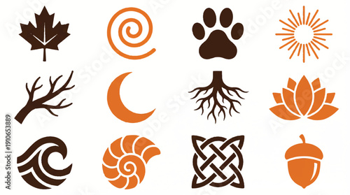 Collection of symbolic nature icons including leaves moon sun and roots