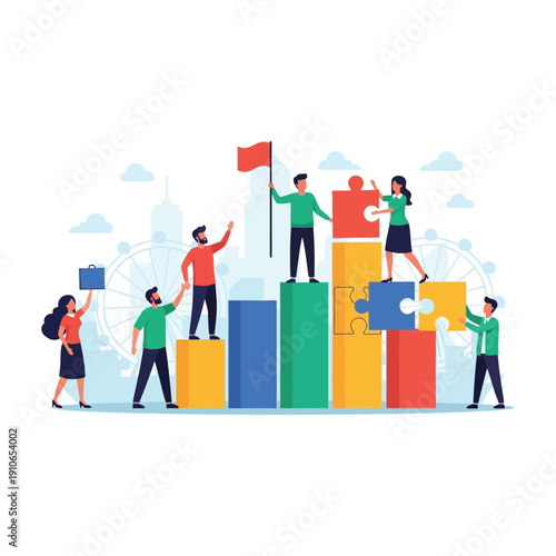 A group of people working together to build a puzzle on top of colorful blocks with a city skyline in the background