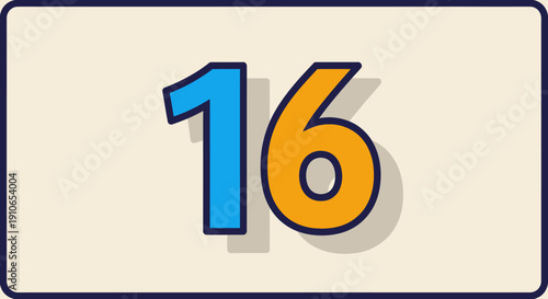 A large blue and orange number sixteen is displayed on a beige background
