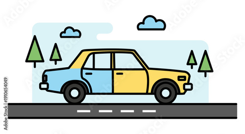 A colorful car drives on a road surrounded by trees and clouds outdoors.