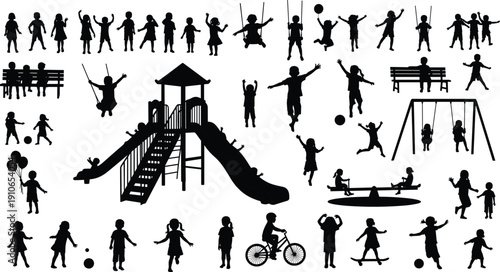 Children playground silhouettes set with slides swings cycling and playful activities vector illustration isolated on white background childhood recreation concept