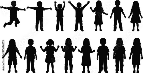 Children silhouettes collection showing standing jumping and playful poses vector illustration isolated on white background joyful childhood activity set
