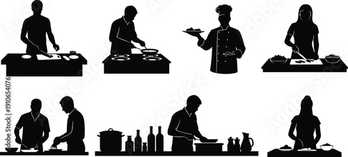 Cooking chef and kitchen preparation silhouettes set restaurant food preparation vector illustration isolated on white background culinary profession concept
