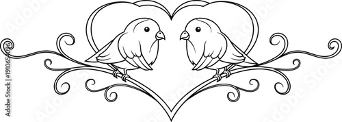 Cute love birds in heart frame decorative line art romantic vector illustration isolated on white background wedding design element