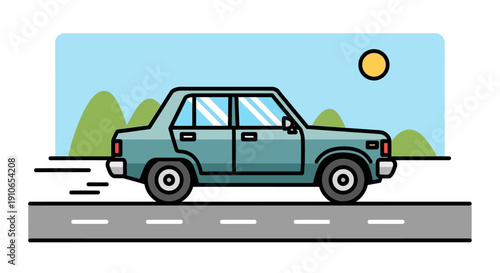 Car driving on a road with hills and sun in the background