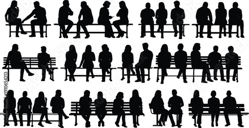 Large collection of black silhouettes featuring various people sitting on park benches, couples talking, individuals resting, and groups of friends isolated on white background.