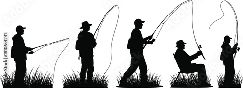 Fishing silhouettes set of anglers casting rods by riverbank outdoor hobby activity vector illustration isolated on white background detailed collection