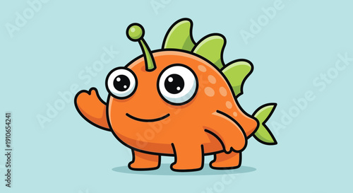 Whimsical illustration of a smiling orange creature with green fins and antennae standing alone in a simple environment.