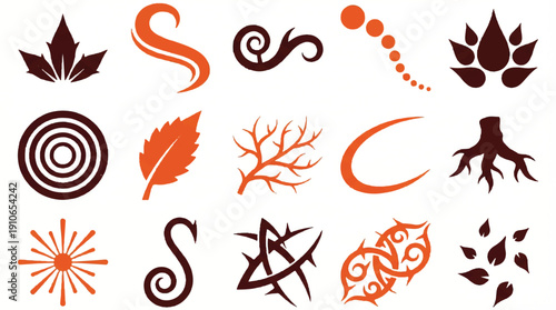 Collection of various abstract leaf and swirl shapes in orange and brown hues