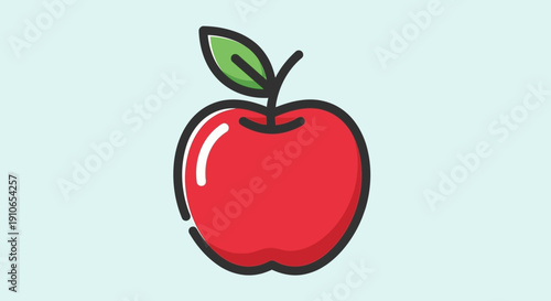 A red apple with a green leaf on a light background, viewed from the front, illustration style