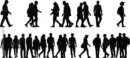 Large collection of diverse people silhouettes walking and standing in groups or alone isolated on white background for urban life and community concepts.