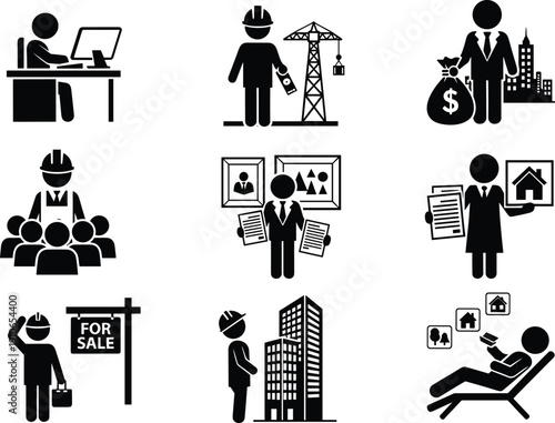 Real estate and construction business icon set including agent property sale building investment vector illustration isolated on white background