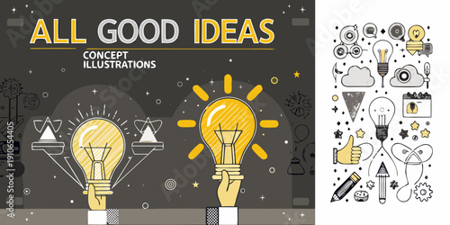 Creative concept illustrations of lightbulbs and idea generation tools