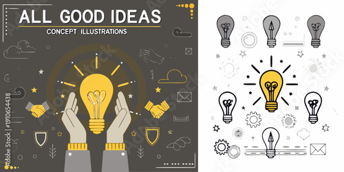 Hands holding a glowing lightbulb with innovation and idea illustrations