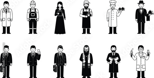 Set of diverse professional occupations flat black and white icons including doctor chef engineer scientist businesspeople vector illustration isolated collection