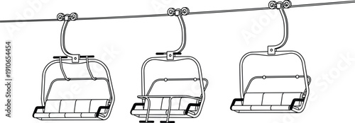 Ski lift chair outline vector illustration with mountain cable transport winter resort equipment isolated on white background line art design