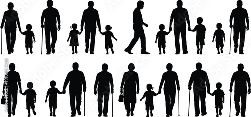 Set of diverse black silhouettes featuring elderly people with walking sticks, grandparents walking with grandchildren, senior citizens, and young children isolated on a white background.