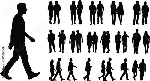 Large man walking side view and collection of diverse people silhouettes in groups and pairs isolated on white background for urban community vector design