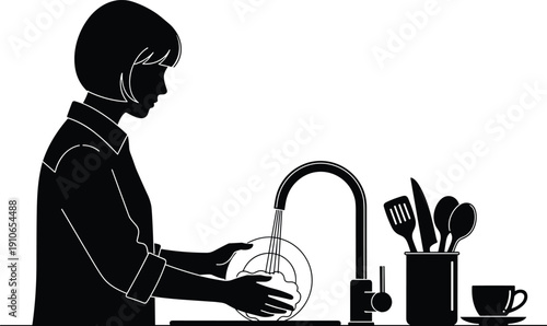 Woman washing dishes in kitchen sink silhouette household cleaning routine vector illustration isolated on white background domestic life concept