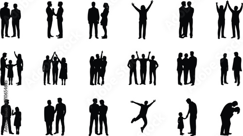 Silhouette grid of people in social and emotional interactions, family moments, companionship, celebration, communication, human relationship illustration concept
