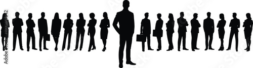 Silhouette group of business professionals standing in line with leader in foreground, teamwork, corporate diversity, leadership concept, professional career illustration