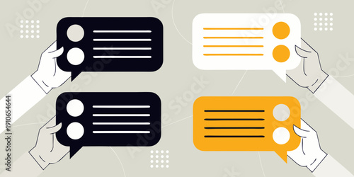 Hands holding speech bubbles with lines and circles illustration style