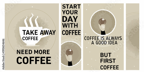 Coffee themed social media posts with motivational quotes and illustrations