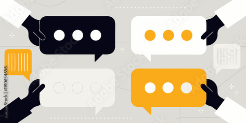 Hands holding speech bubbles with varying numbers of dots inside