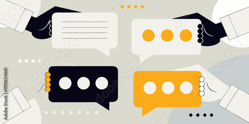 Abstract illustration of communication with speech bubbles and hands