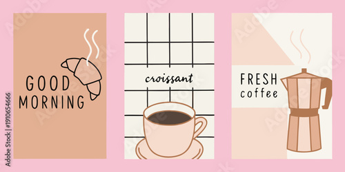 Three illustrated panels depict morning beverages and greetings