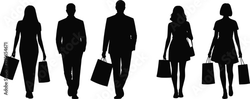 Silhouette group of people walking with shopping bags, men and women in formal attire, retail consumer behavior, fashion lifestyle, commerce illustration