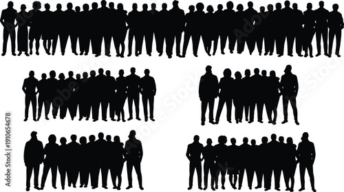 Silhouette groups of people standing together in different sizes, unity concept, social gathering, organizational structure, collective presence, population study illustration