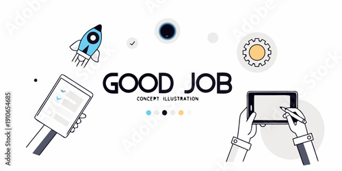 Illustration depicting success with technology a rocket and positive affirmation