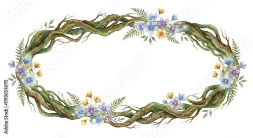 Watercolor clipart, oval frame border made of intertwined earthy forest roots and small glowing wild fairy flowers, rustic woodland fantasy aesthetic, isolated on white background.