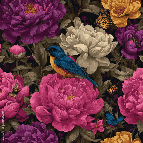 Create a different kinds of Floral seamless pattern with garden flowers peonies, bird and butterflies