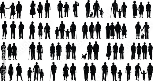 Silhouettes of diverse families including adults, children, elderly, and pets, showing companionship, caregiving, generational diversity