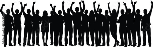 Silhouettes of diverse people raising arms with fingers pointing upward, symbolizing unity, celebration, solidarity, collective enthusiasm, teamwork, and community spirit on white background