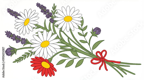 colorful bouquet of flowers with daisies and lavender on transparent background
