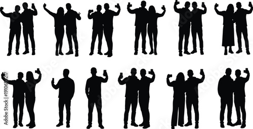 Silhouettes of pairs of people taking selfies with smartphones, showing modern communication, social interaction, friendship, technology use, and expressive human gestures