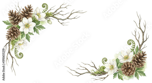 Watercolor clipart, asymmetrical floral border (top left and bottom right) featuring woodland pinecones, wild white anemones, and rustic dry twigs, winter-to-spring forest transition, isolated on whit