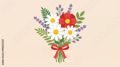 colorful bouquet of flowers with red bow on light beige background
