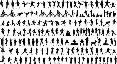 Silhouettes of people and animals in diverse activities including walking, running, dancing, cycling, sitting, and wheelchair use, representing human motion, interaction, and lifestyle illustration
