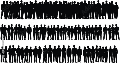 Silhouettes of people in business attire standing in rows, representing teamwork, diversity, organizational structure, professional collaboration, and group unity illustration