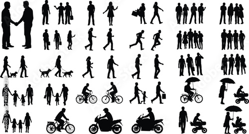 Silhouettes of people in everyday activities including walking, running, cycling, shopping, shaking hands, and riding motorcycles, representing lifestyle