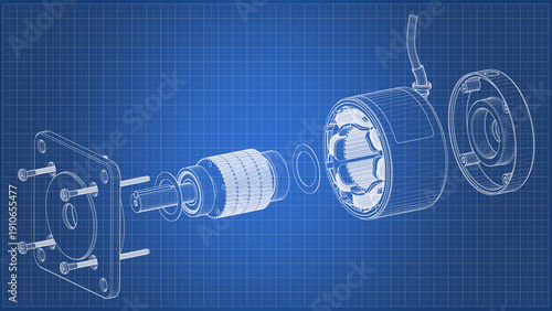 AC Servo Motor for CNC - Exploded View - Darwing. 3D rendering isolated on blue background. 3D Mesh, Sketch, Vector style. Ideal for educational, engineering, and industrial design.