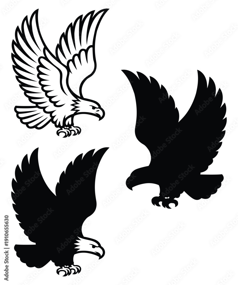 Obraz premium Eagle Silhouette Collection Set with Flying Bird Icons in Black and White.
