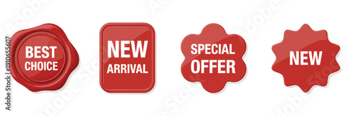 Cartoon 3D Promo Labels Set, special offer, best choice, and new arrival red badges, realistic 3D render sale stickers, discount tags, shopping banner templates, and isolated vector graphics on white 