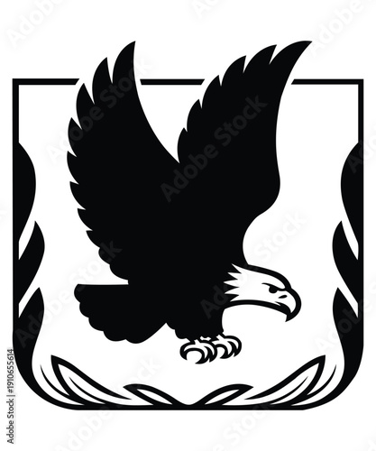 Black Eagle Silhouette Shield Logo Emblem in Minimal Monochrome Style.