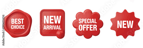 Cartoon 3D Promo Labels Set, collection of realistic 3D promo labels including special offer, best choice, new arrival badges, discount stickers, sale tags, shopping graphics, and vector illustrations